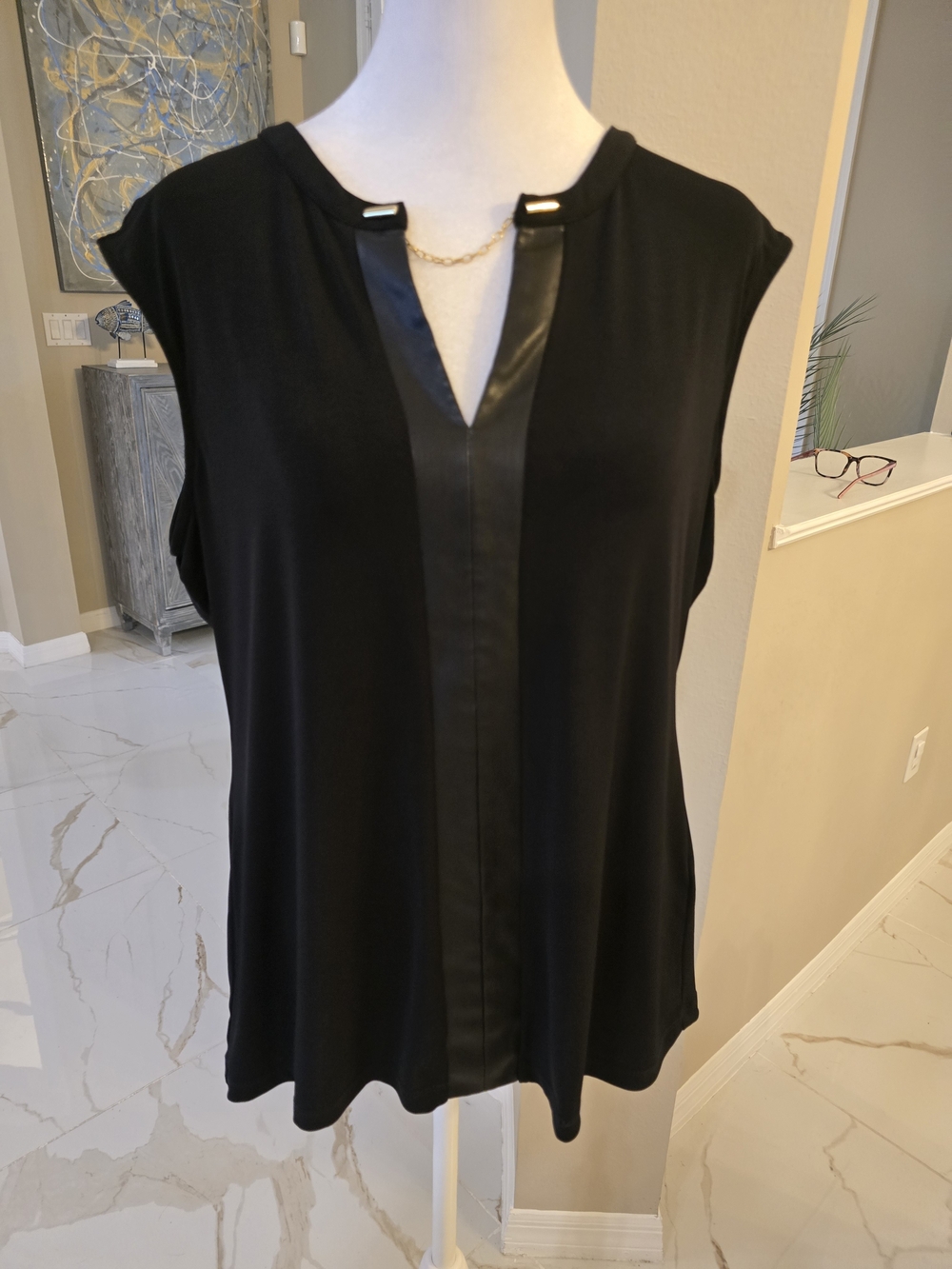 Calvin Klein Black Sleeveless Top with Faux-Leather Placket and Chain Detail